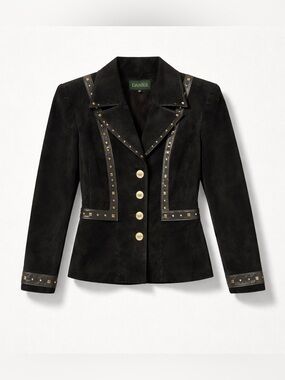Danier Leather Black Suede Blazer – Gold Studded Tailored Jacket (Small) vintage